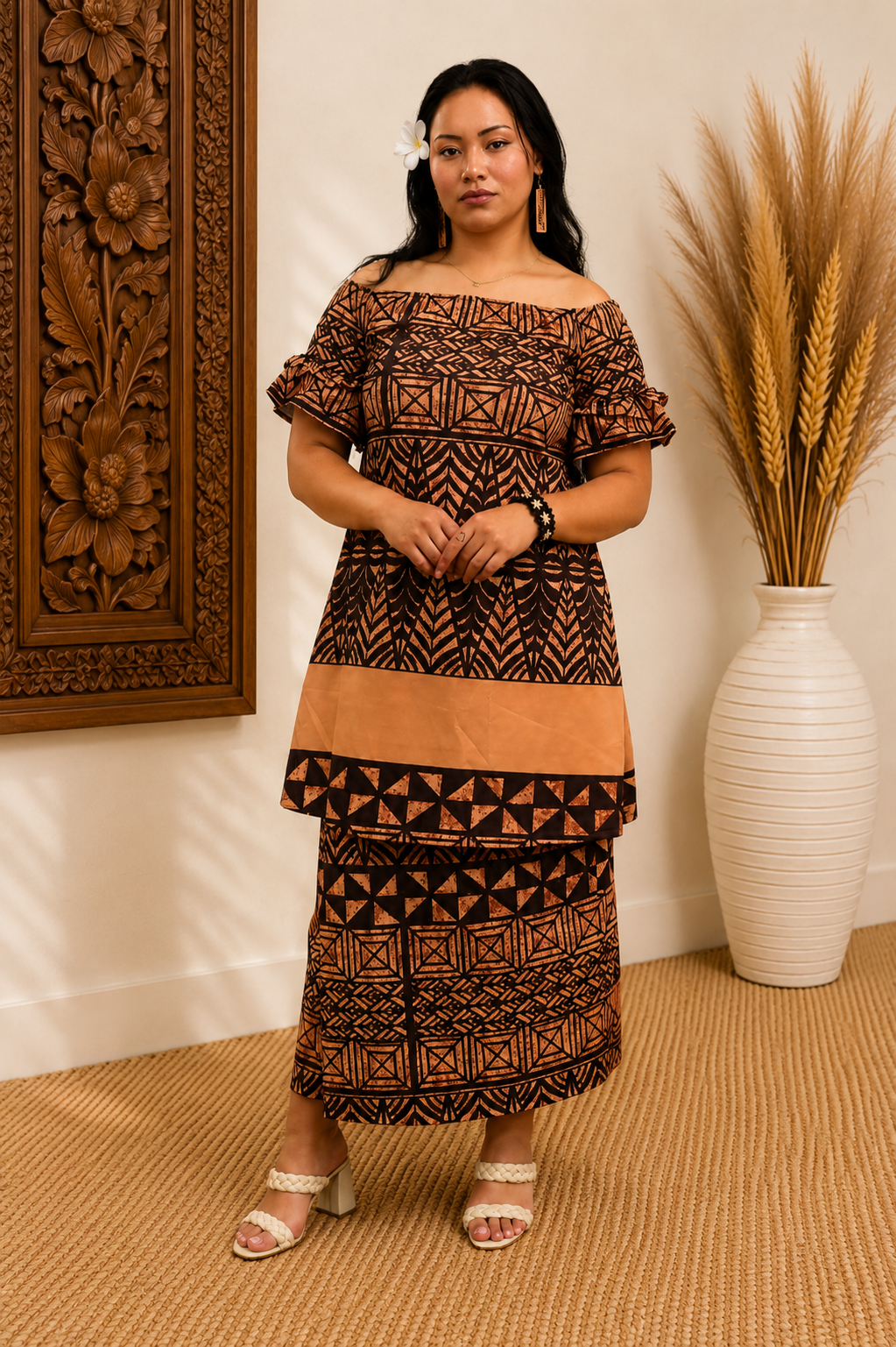 PULETASI - FLOWY FRILL SLEEVE TOP PULETASI - BROWN