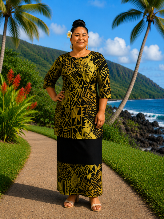 PULETASI - ROUND NECK PULETASI - TWO PIECE OUTFIT - BLACK & GOLD
