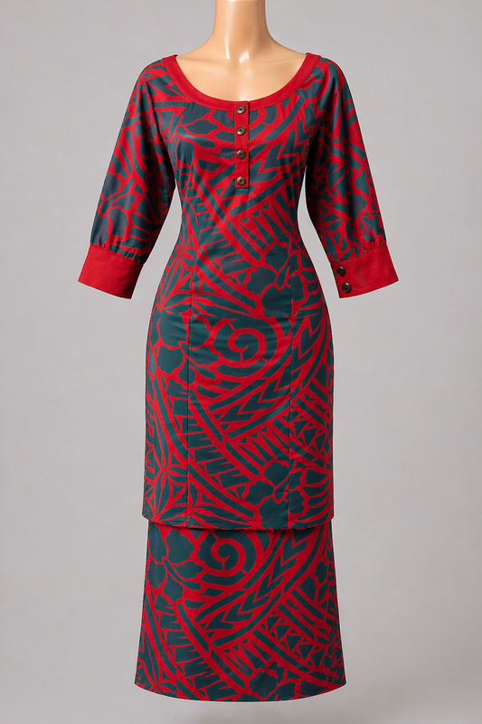 RED & DARK GREEN ISLAND PULETASI - SIZE 20