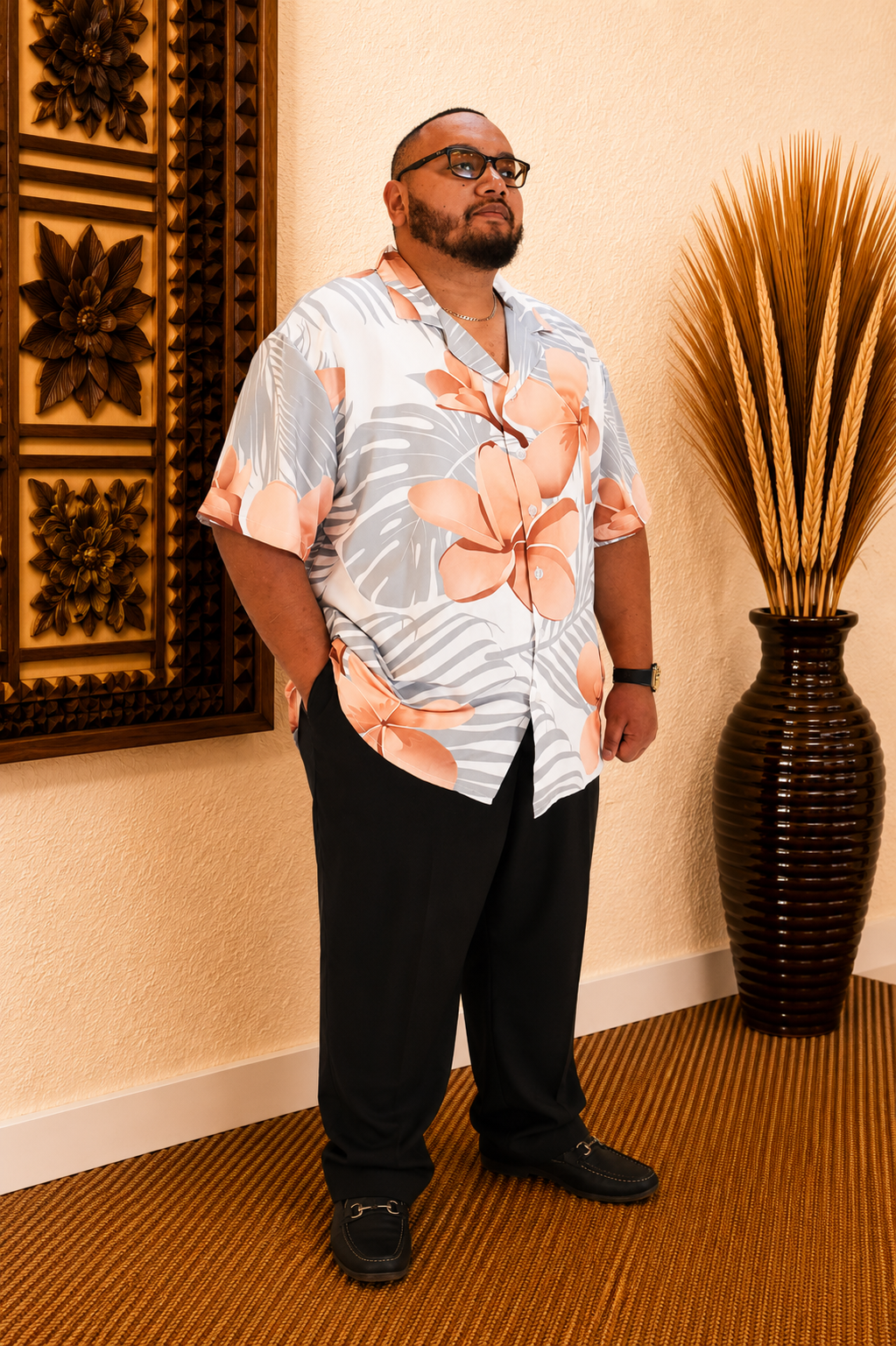 MALOSI SHIRT - COLLARED BUTTON UP SHIRT - WHITE & BROWN FLORAL PATTERN