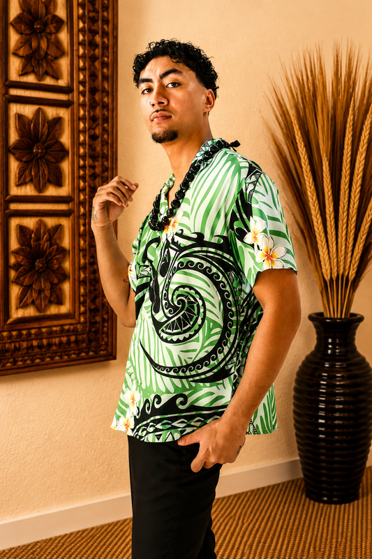 DAVID SHIRT - MENS COLLARED V NECK SHIRT - GREEN & BLACK