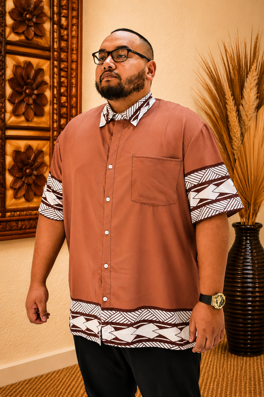 MIKAELE SHIRT - MENS SHIRT - COLLARED BUTTON UP - BROWN & WHITE