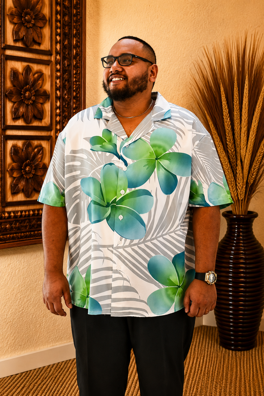 MALOSI SHIRT - COLLARED BUTTON UP SHIRT - WHITE & GREEN FLORAL PATTERN