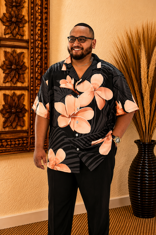 MALOSI SHIRT - COLLARED BUTTON UP SHIRT - BLACK & BROWN FLORAL PATTERN
