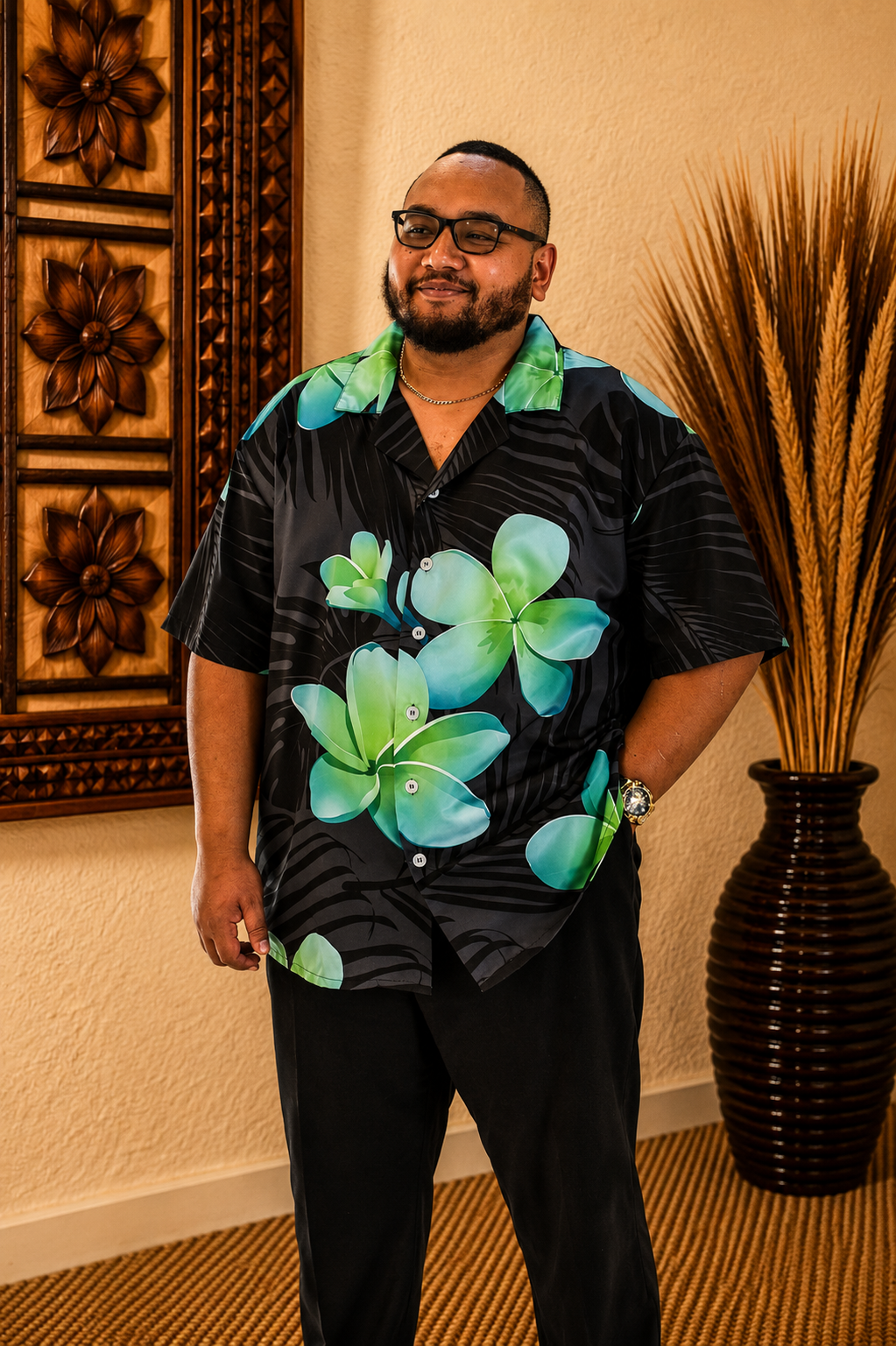MALOSI SHIRT - COLLARED BUTTON UP SHIRT - BLACK & GREEN FLORAL PATTERN