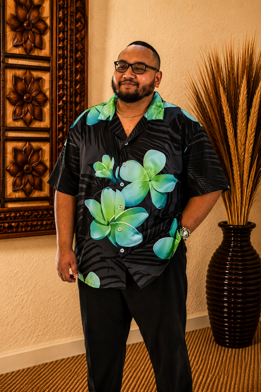 MALOSI SHIRT - COLLARED BUTTON UP SHIRT - BLACK & GREEN FLORAL PATTERN