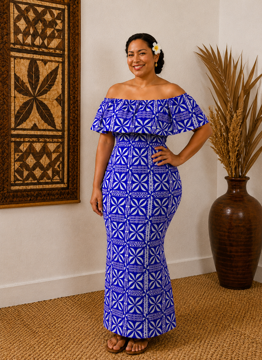 LANI - OFF SHOULDER FRILL MIDI DRESS - BLUE & WHITE