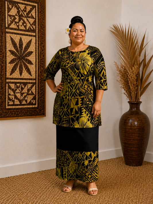 PULETASI - ROUND NECK PULETASI - TWO PIECE OUTFIT - BLACK & GOLD