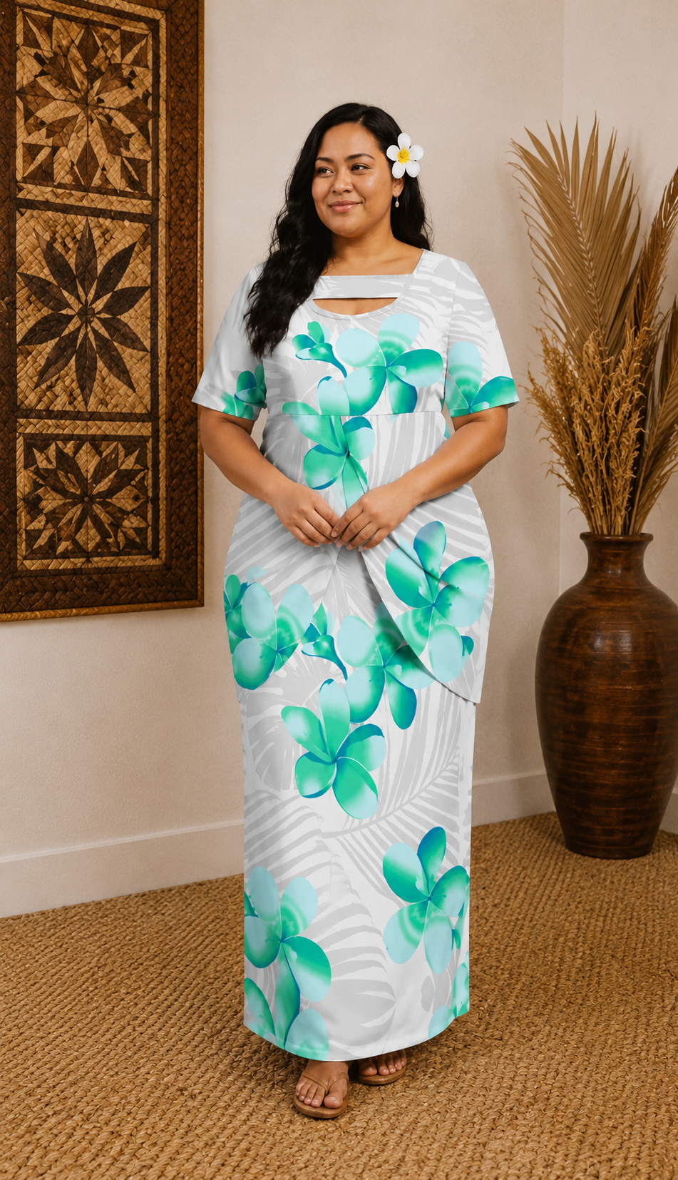 MONAH LAYERED PULETASI - FLORAL WHITE & GREEN
