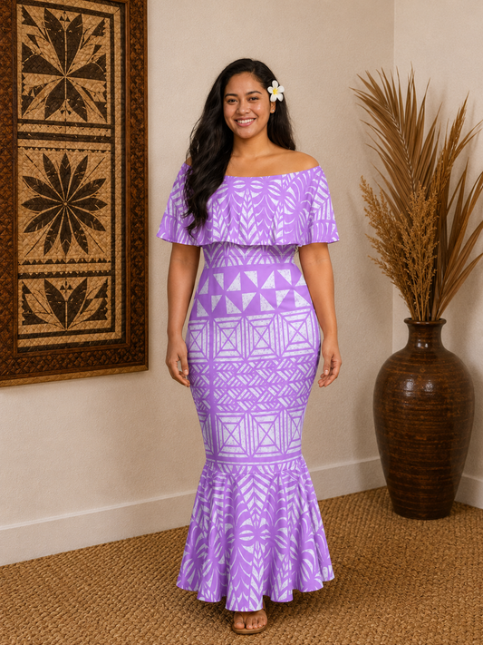 TALIA DRESS - OFF SHOULDER FRILL MAXI - PURPLE & WHITE
