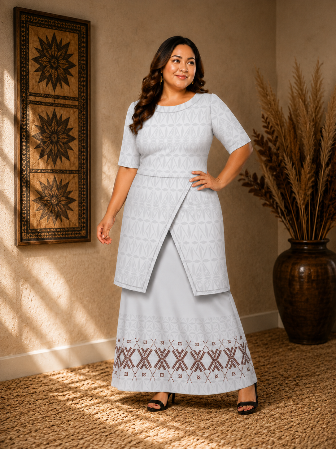 (PRE-ORDER) ROUND NECK LAYERED PULETASI - TWO PIECE OUTFIT - WHITE & GREY