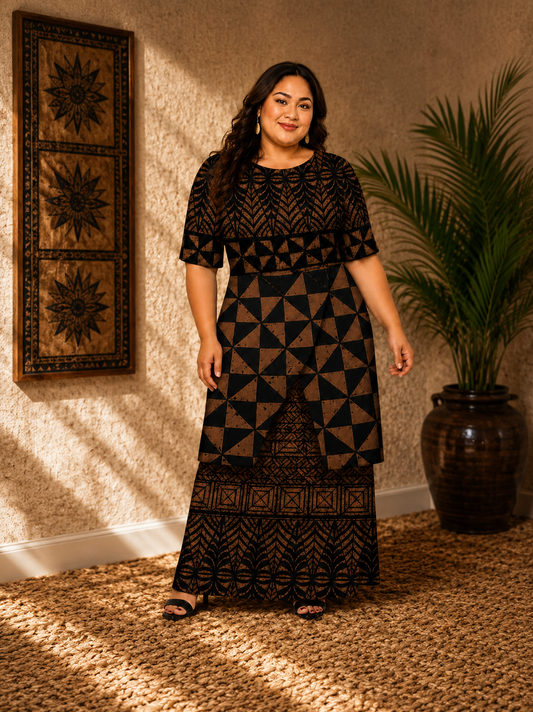 (PRE-ORDER) ROUND NECK LAYERED PULETASI - TWO PIECE OUTFIT - BROWN & BLACK