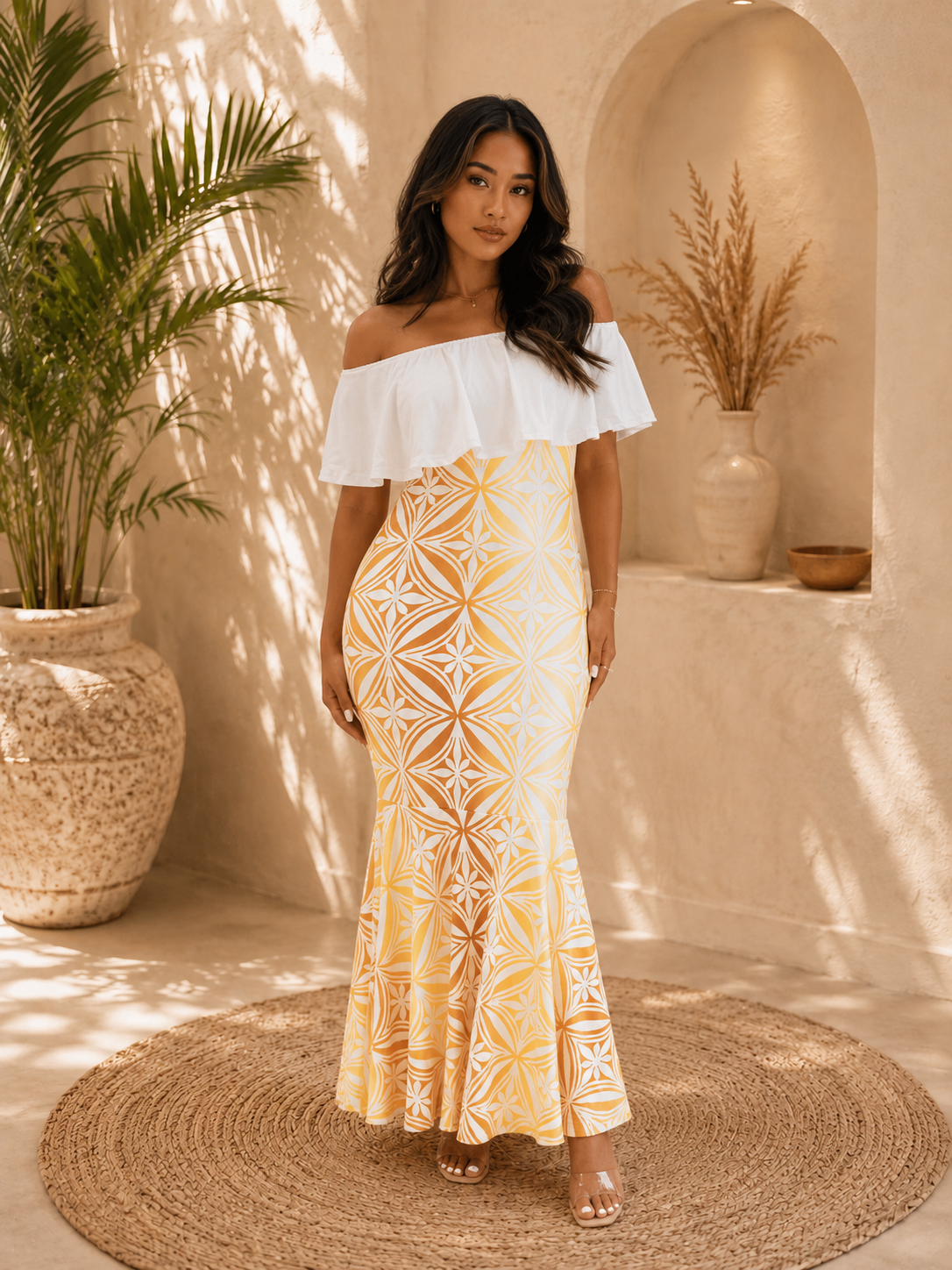 (PRE-ORDER) SERENA DRESS - OFF SHOULDER FRILL MAXI - GOLD & WHITE