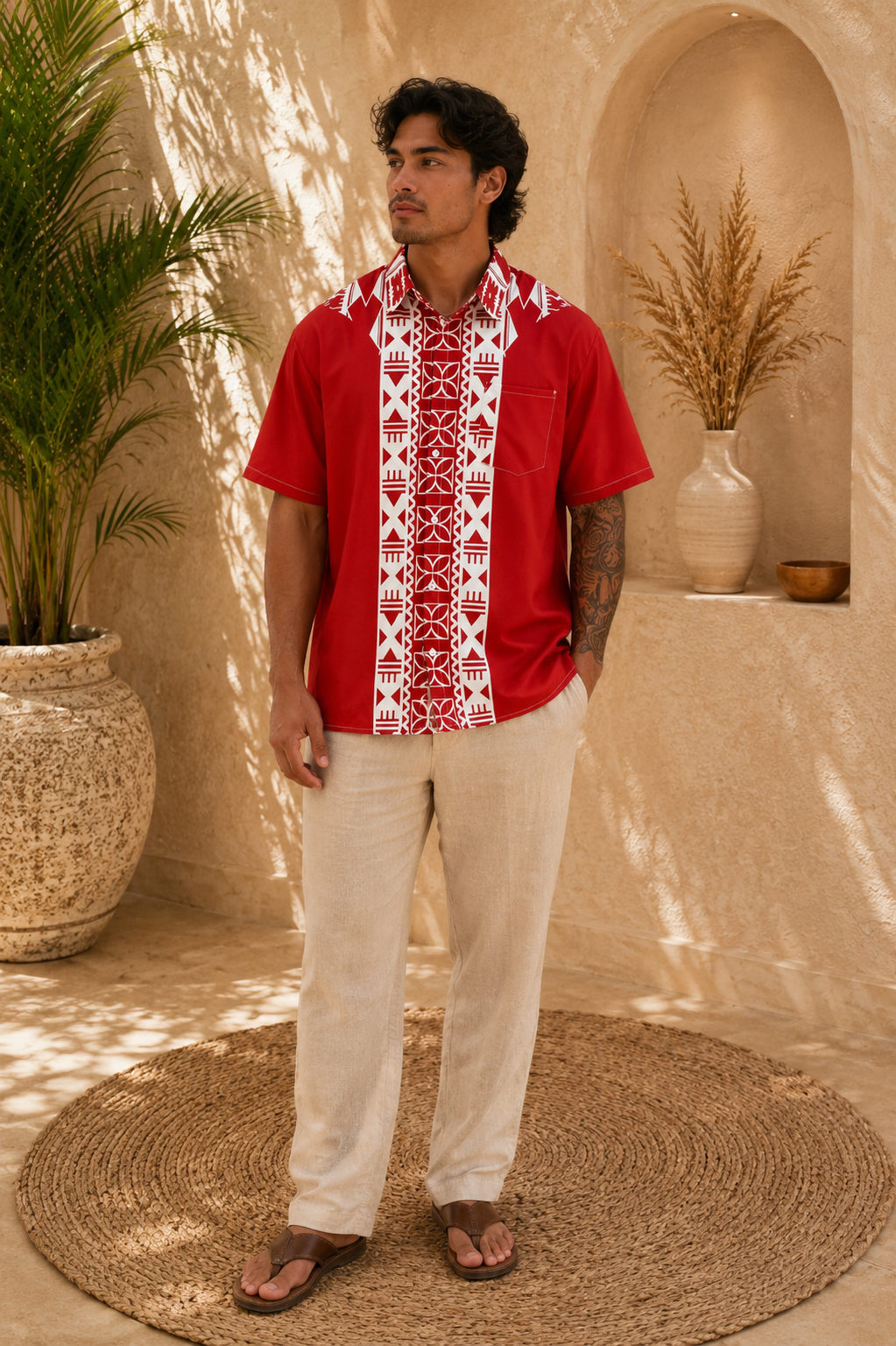 (PRE-ORDER) COLLARED BUTTON UP SHIRT - MAROON & WHITE MELANESIAN PATTERN