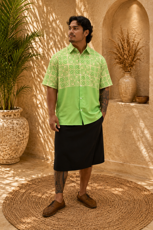 (PRE-ORDER) COLLARED BUTTON UP SHIRT - GREEN & YELLOW PATTERN
