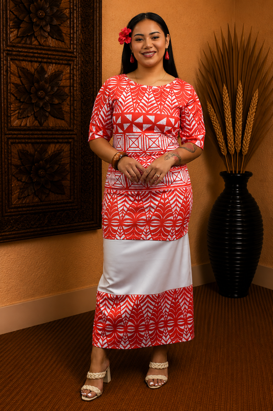 TALIA PULETASI - ROUND NECK PULETASI - TWO PIECE OUTFIT - RED & WHITE