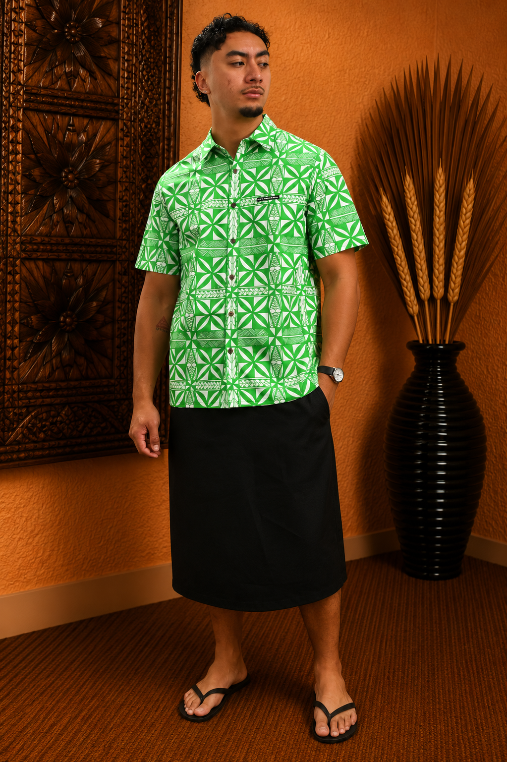 CHRISTIAN SHIRT - COLLARED BUTTON UP - GREEN & WHITE