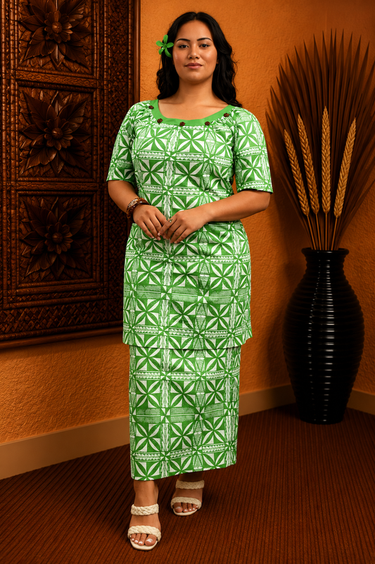 CYNTHIA PULETASI - ROUND NECK PULETASI - GREEN & WHITE