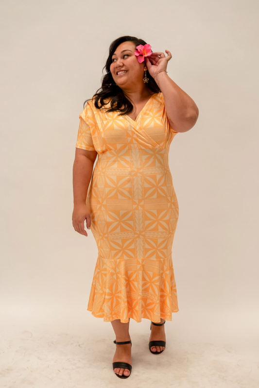 LEATA DRESS - RUCHED V NECK MIDI LENGTH WITH FLARE - SUNSET YELLOW