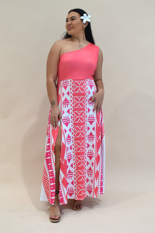 MEL DRESS - ONE SLEEVE MAXI DRESS WITH SLIT - PINK & WHITE