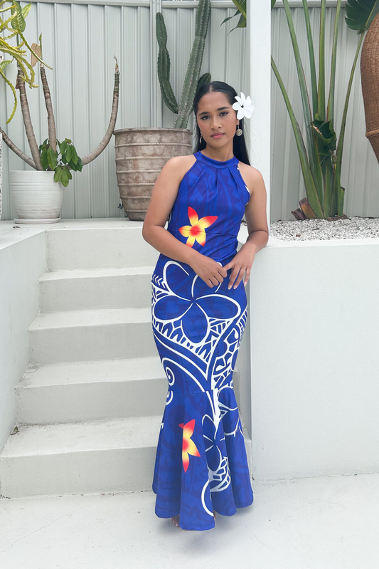 (PRE-ORDER) LUISA DRESS - HALTER MAXI LENGTH DRESS - BLUE & WHITE