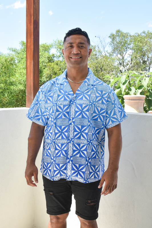 SALESI MENS SHIRT - COLLARED BUTTON V NECK - OMBRÉ BLUE & WHITE