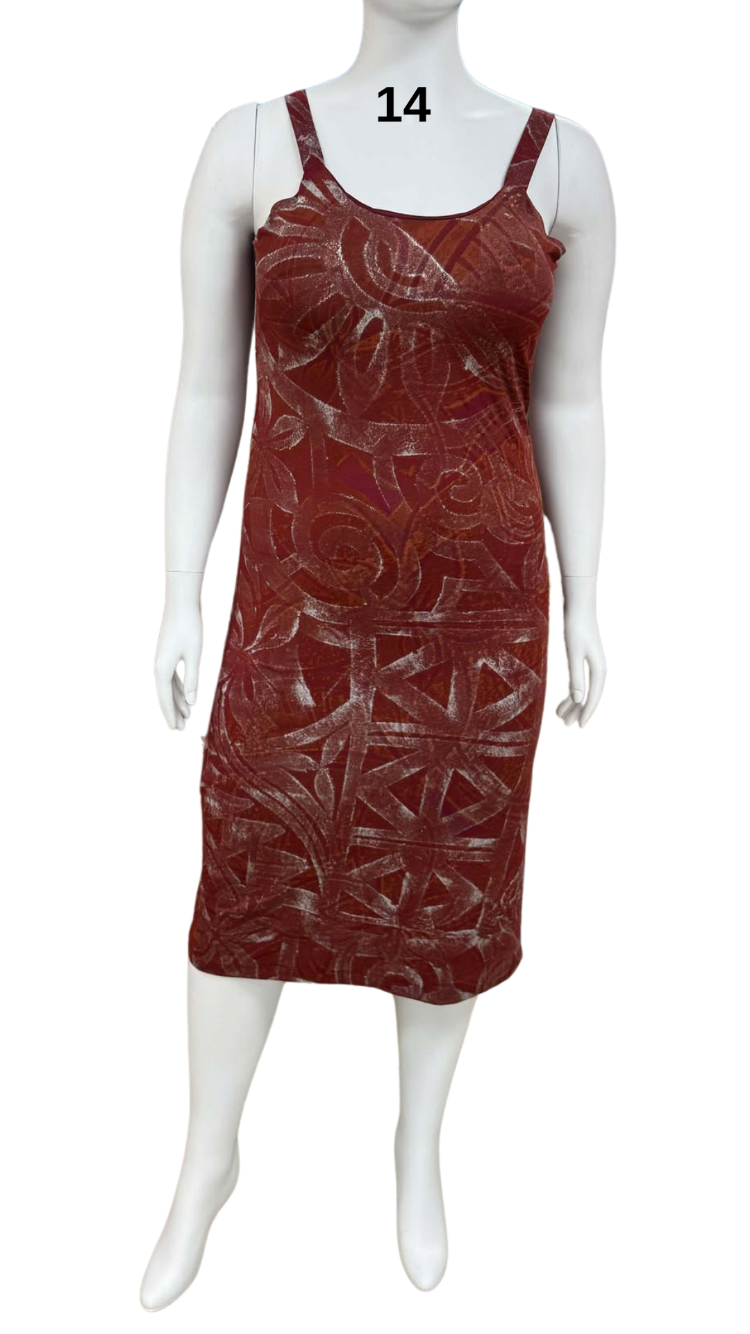 BROWN TRIBAL ISLAND DRESS NO SLEEVES - SIZE 14