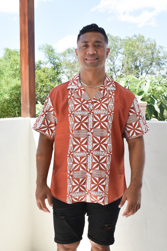 ENELE SHIRT - COLLARED V NECK SHIRT - CHOCOLATE BROWN & WHITE