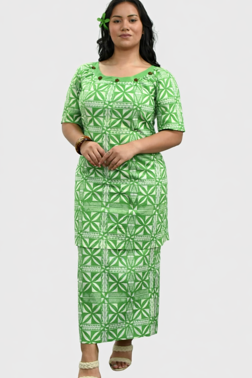 CYNTHIA PULETASI - ROUND NECK PULETASI - GREEN & WHITE