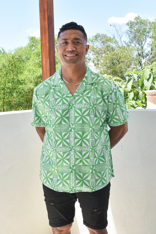 ALIKA MENS SHIRT - COLLARED BUTTON V NECK - GREEN & WHITE