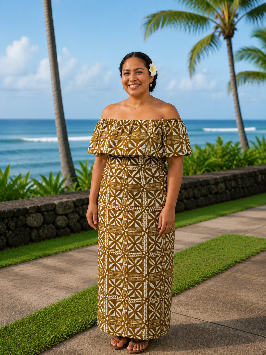 LANI - OFF SHOULDER FRILL MIDI DRESS - BRONZE & WHITE