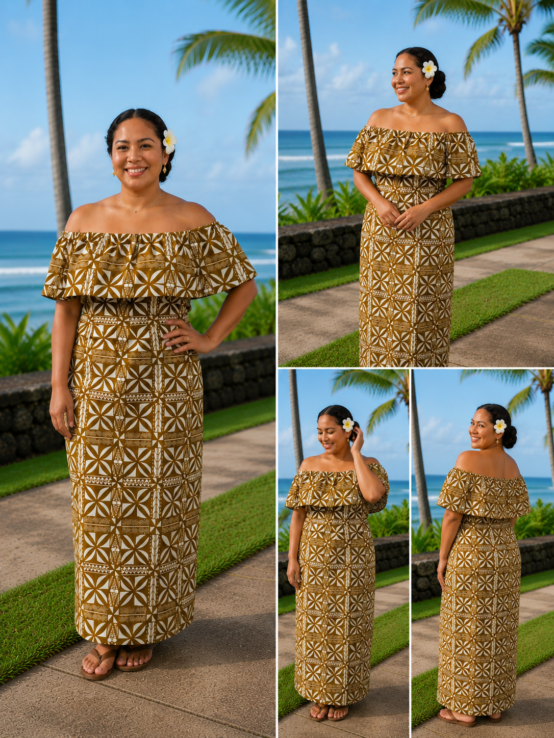 LANI - OFF SHOULDER FRILL MIDI DRESS - BRONZE & WHITE