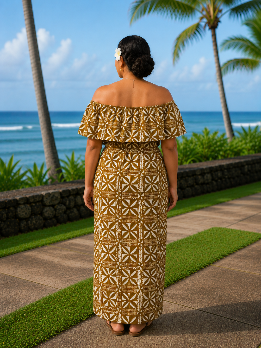 LANI - OFF SHOULDER FRILL MIDI DRESS - BRONZE & WHITE