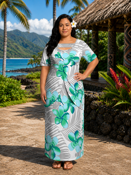 MONAH LAYERED PULETASI - FLORAL WHITE & GREEN