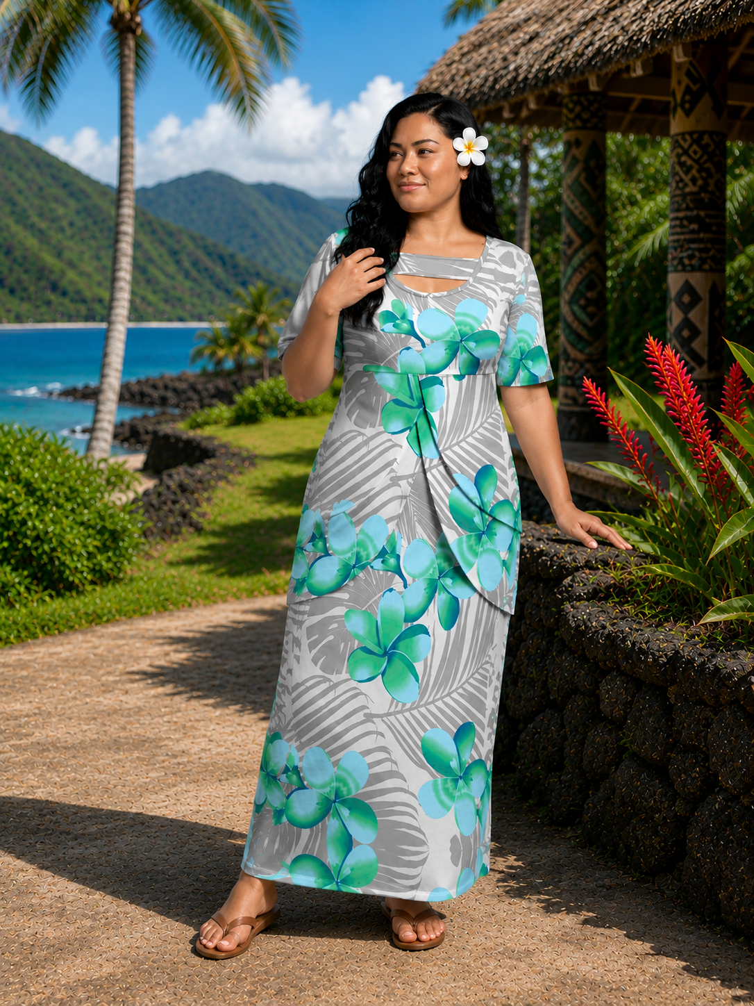 MONAH LAYERED PULETASI - FLORAL WHITE & GREEN