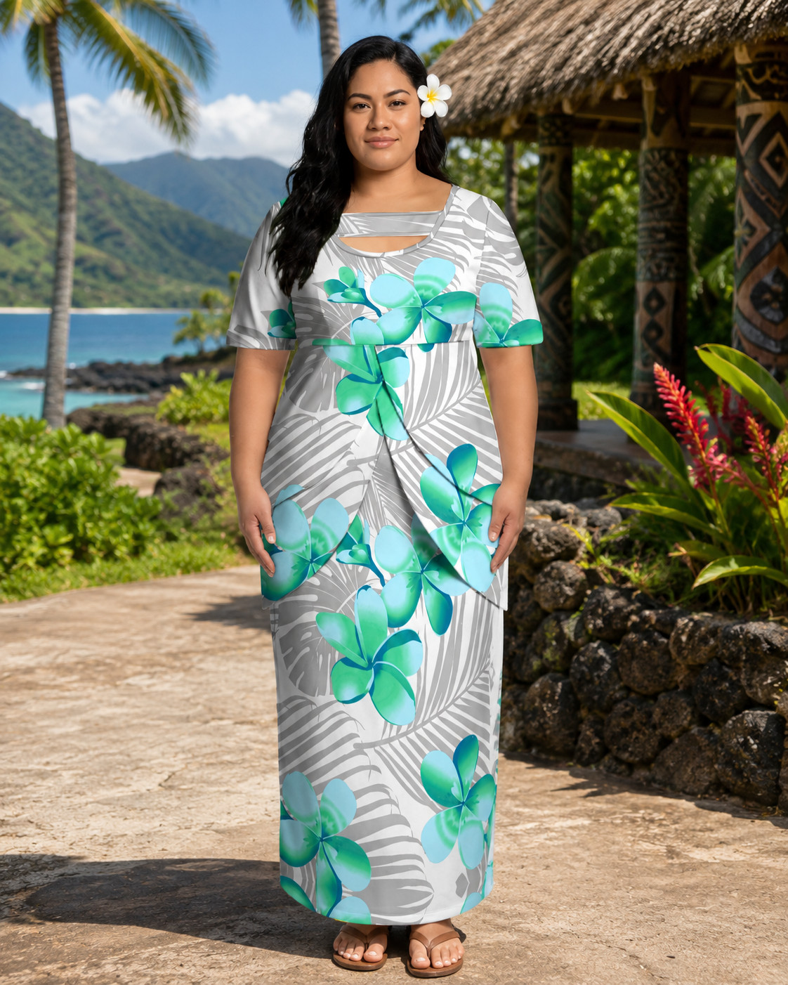 MONAH LAYERED PULETASI - FLORAL WHITE & GREEN
