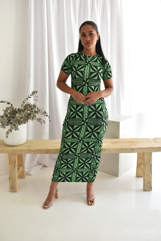 HOLLY LONG BODYCON DRESS - GREEN & BLACK