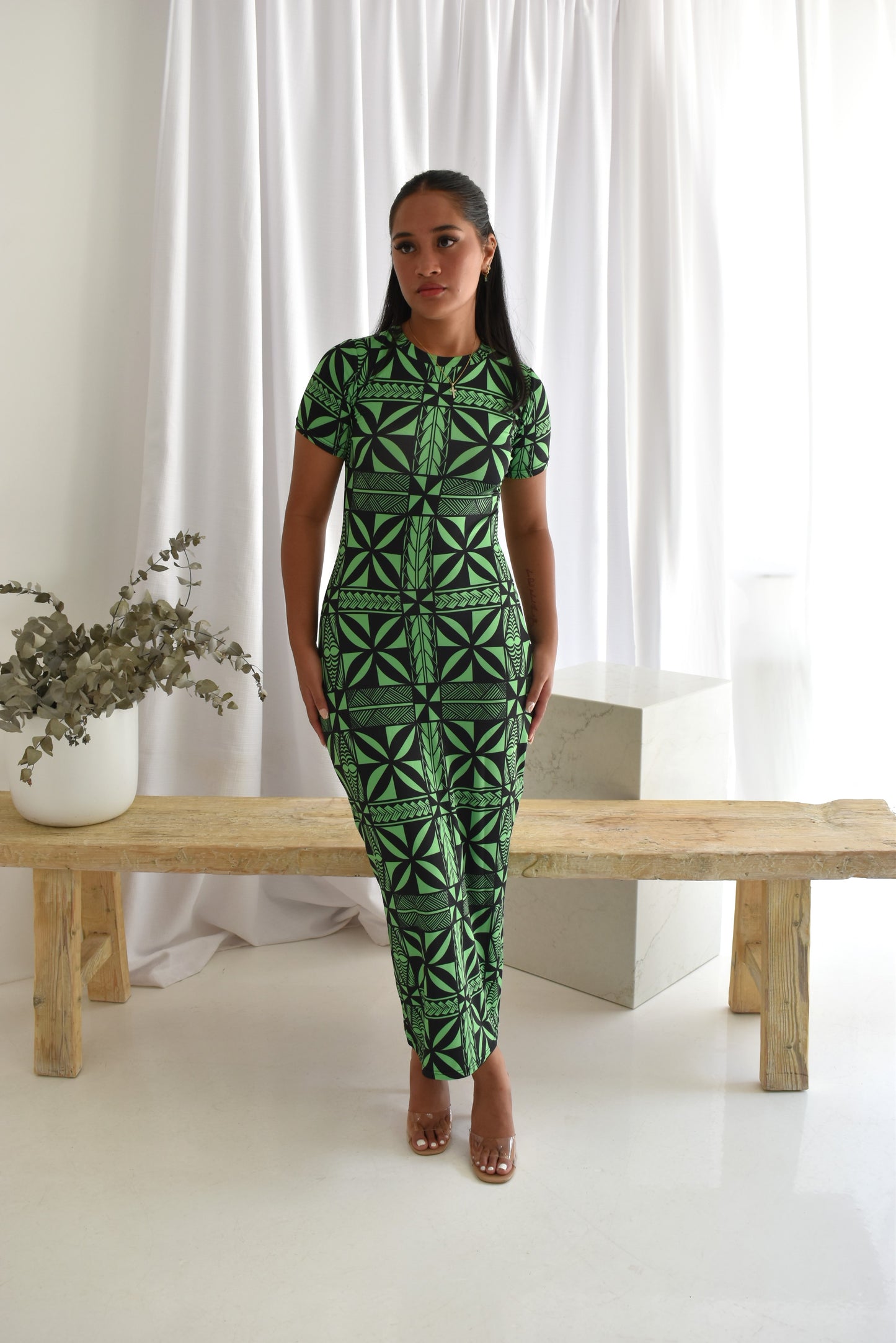 HOLLY LONG BODYCON DRESS - GREEN & BLACK