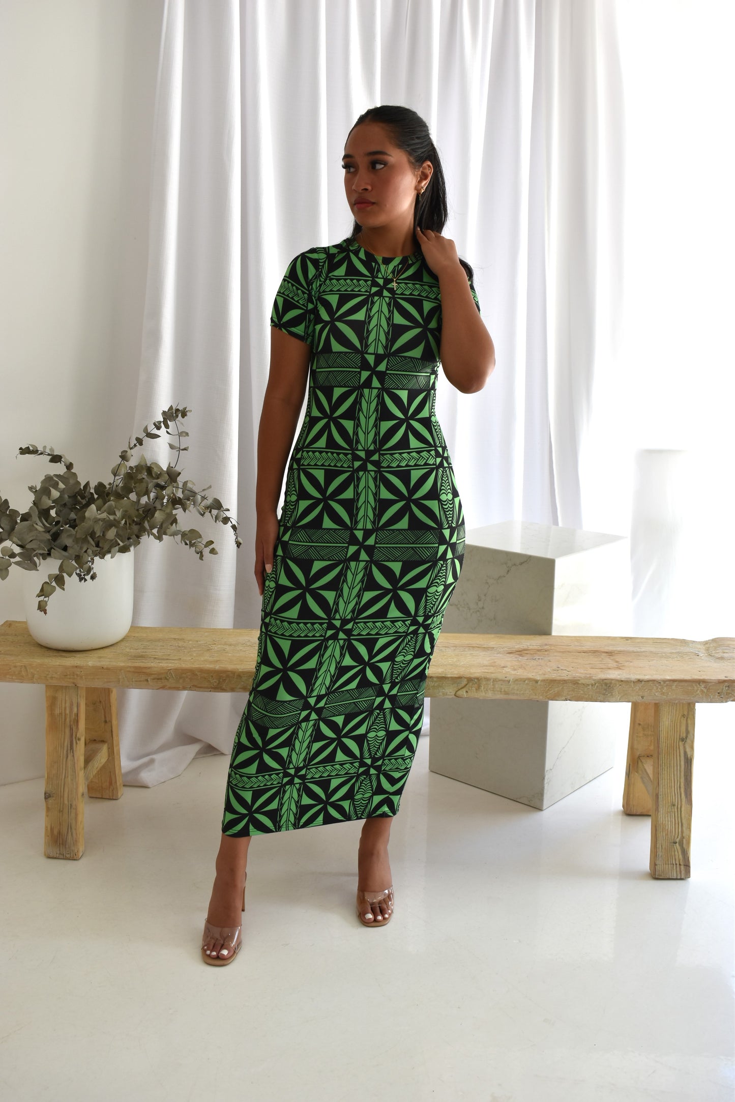 HOLLY LONG BODYCON DRESS - GREEN & BLACK