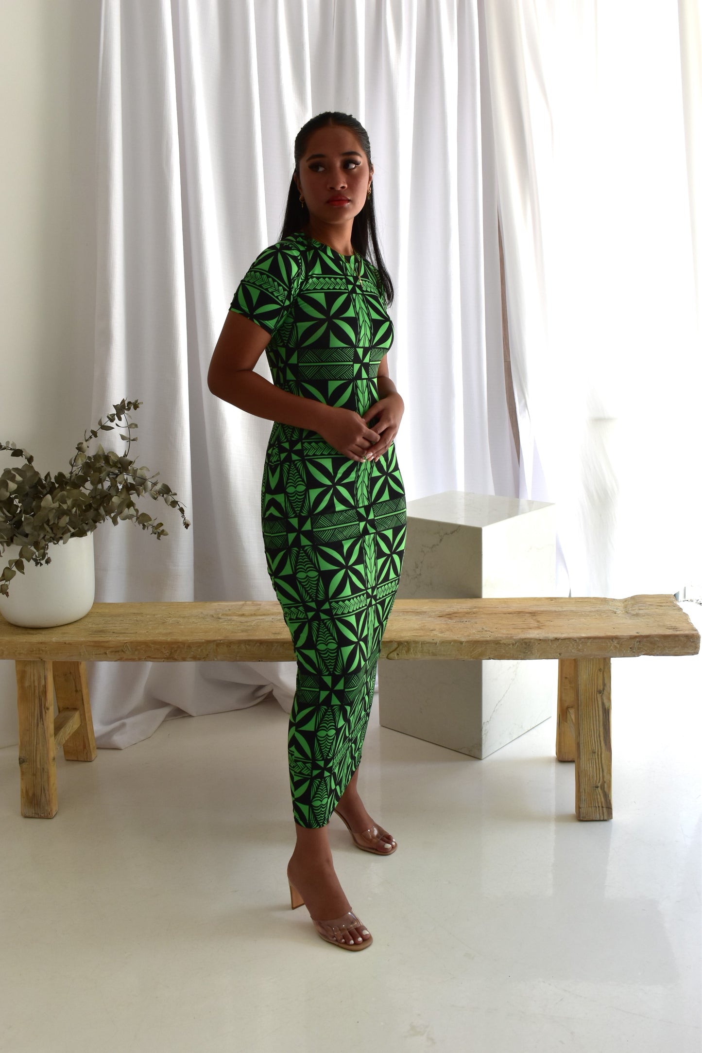 HOLLY LONG BODYCON DRESS - GREEN & BLACK