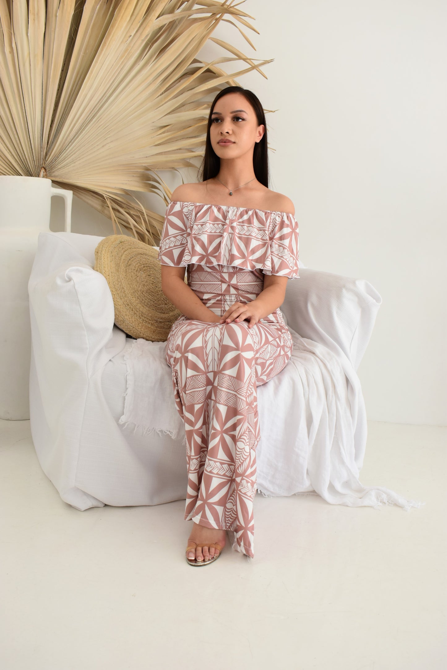 (PRE-ORDER) KIA DRESS - OFF SHOULDER FRILL DESIGN - LIGHT BROWN AND WHITE