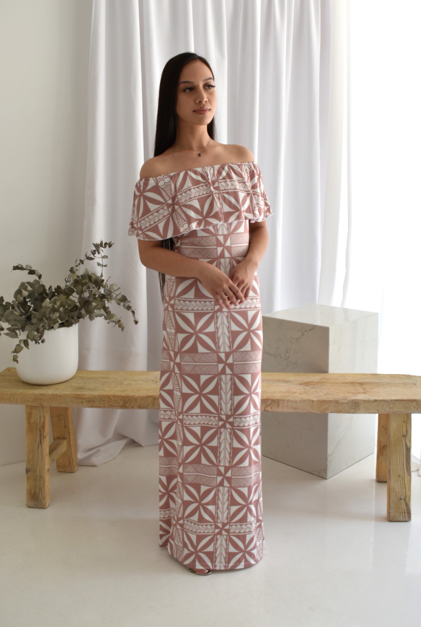 (PRE-ORDER) KIA DRESS - OFF SHOULDER FRILL DESIGN - LIGHT BROWN AND WHITE
