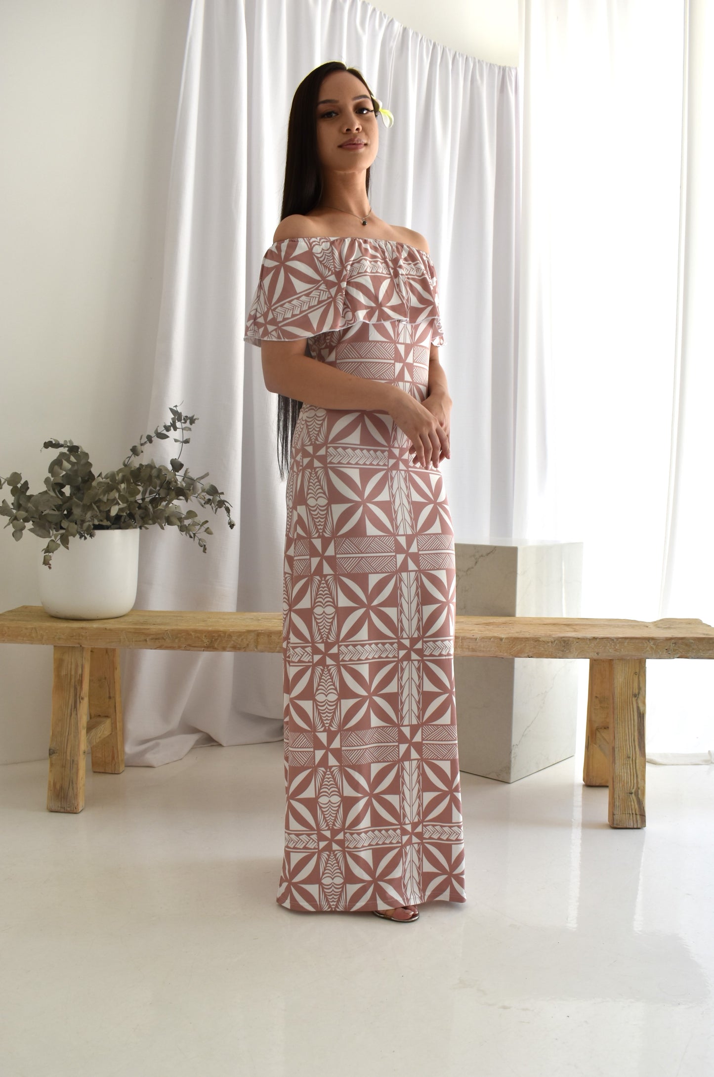 (PRE-ORDER) KIA DRESS - OFF SHOULDER FRILL DESIGN - LIGHT BROWN AND WHITE