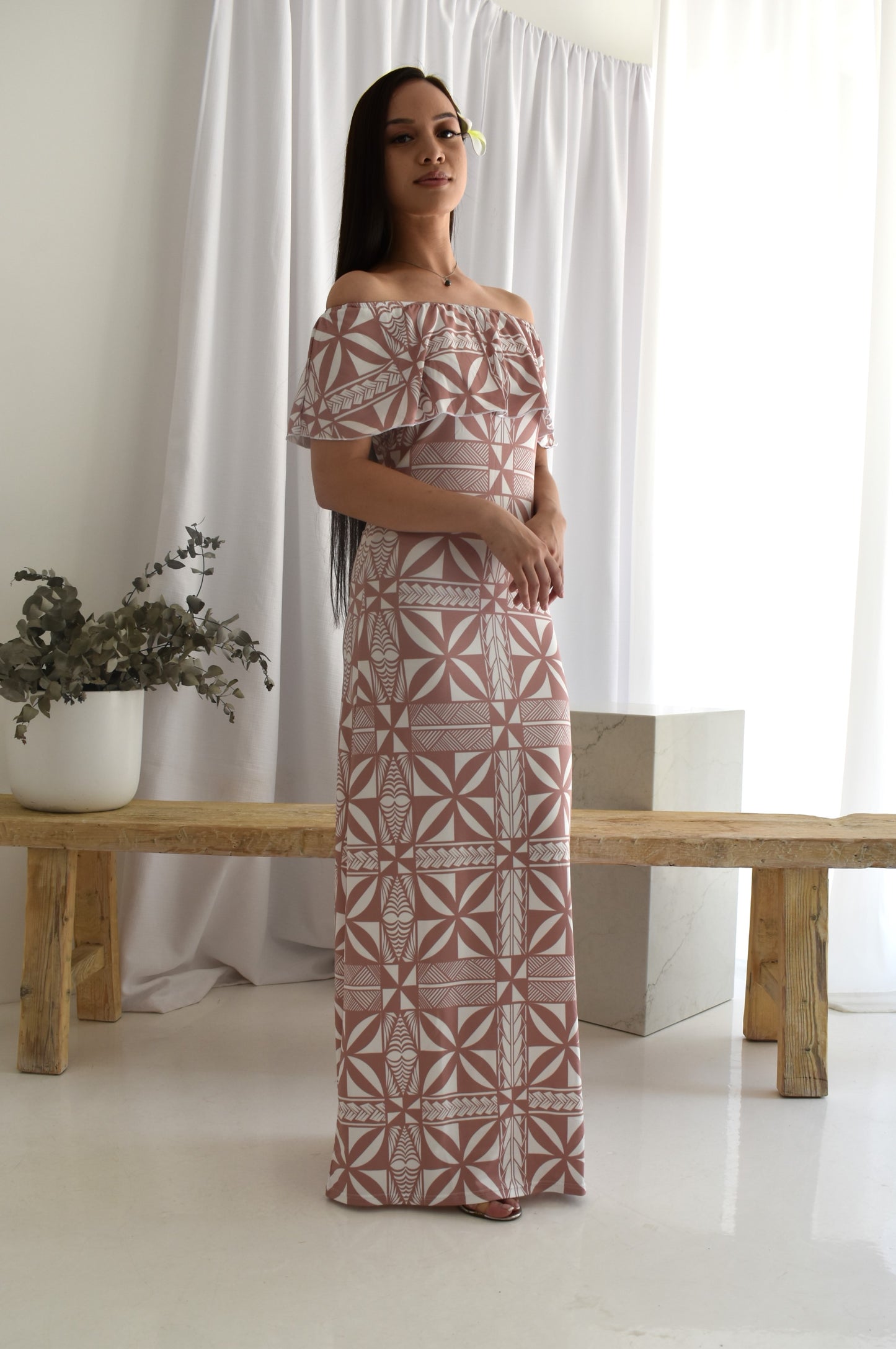 (PRE-ORDER) KIA DRESS - OFF SHOULDER FRILL DESIGN - LIGHT BROWN AND WHITE