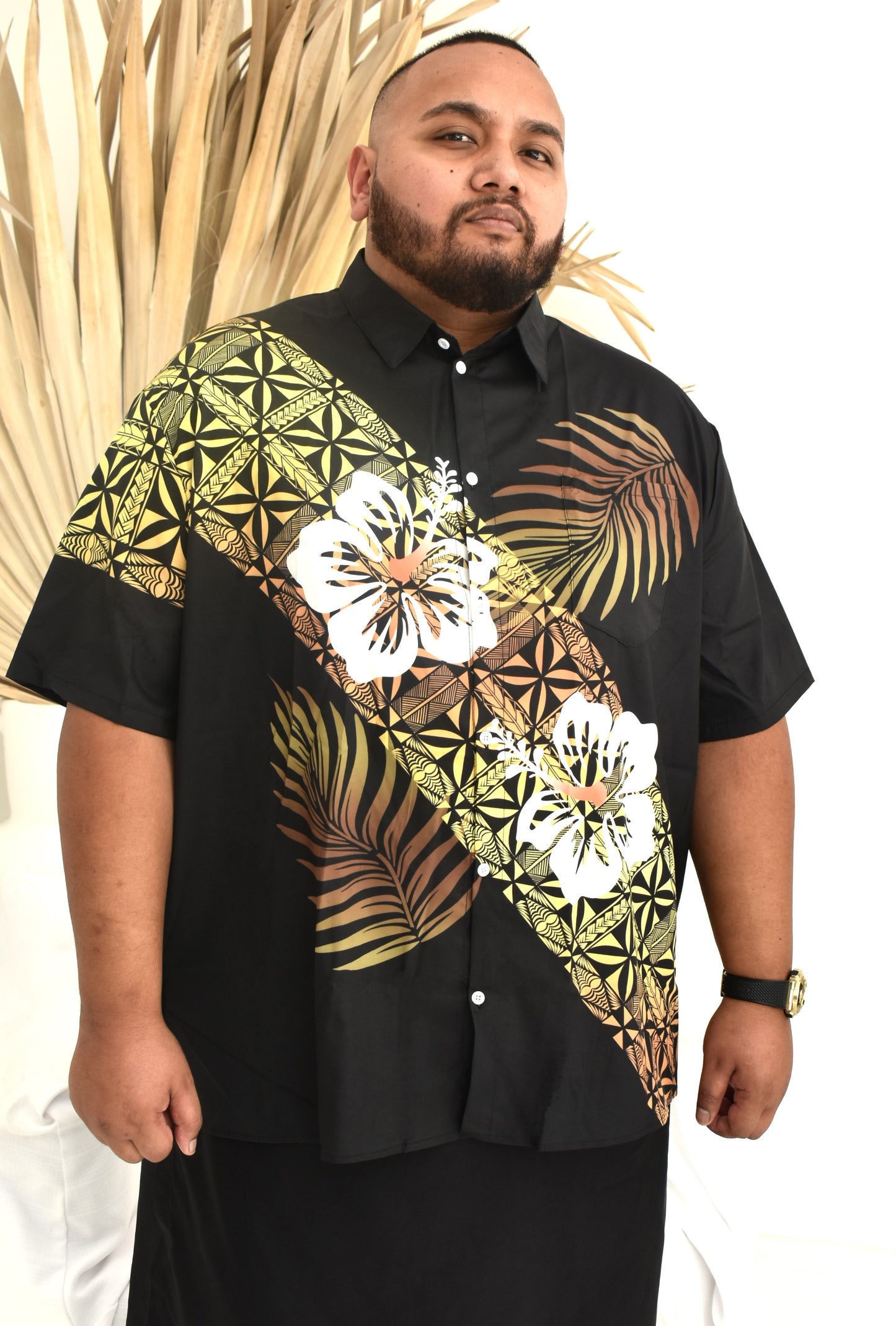 (PRE-ORDER) TYSON MENS SHIRT - COLLARED BUTTON UP - FLORAL GOLD & BLACK