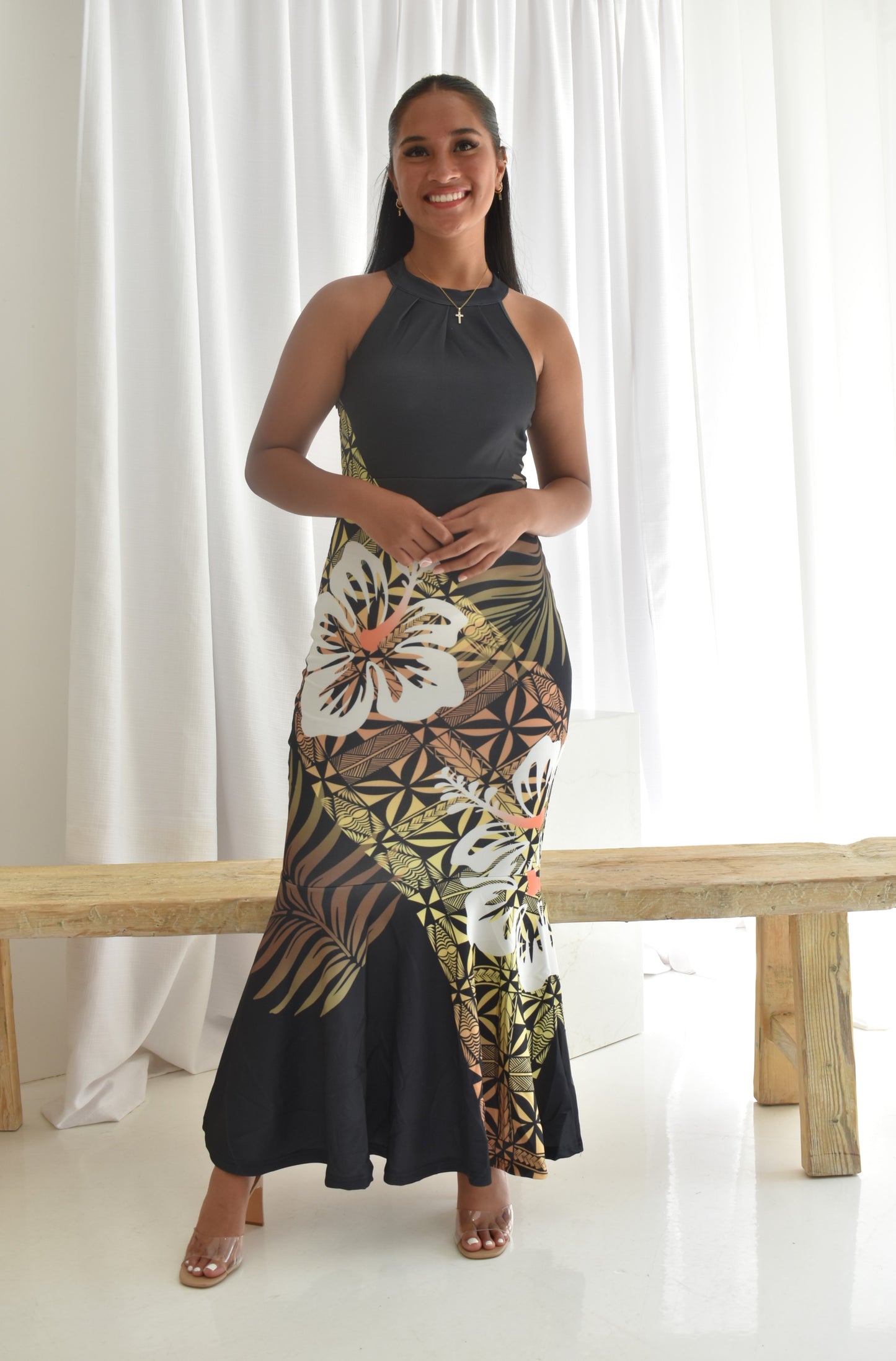 TANIA DRESS - HALTER MAXI DRESS - BLACK & GOLD