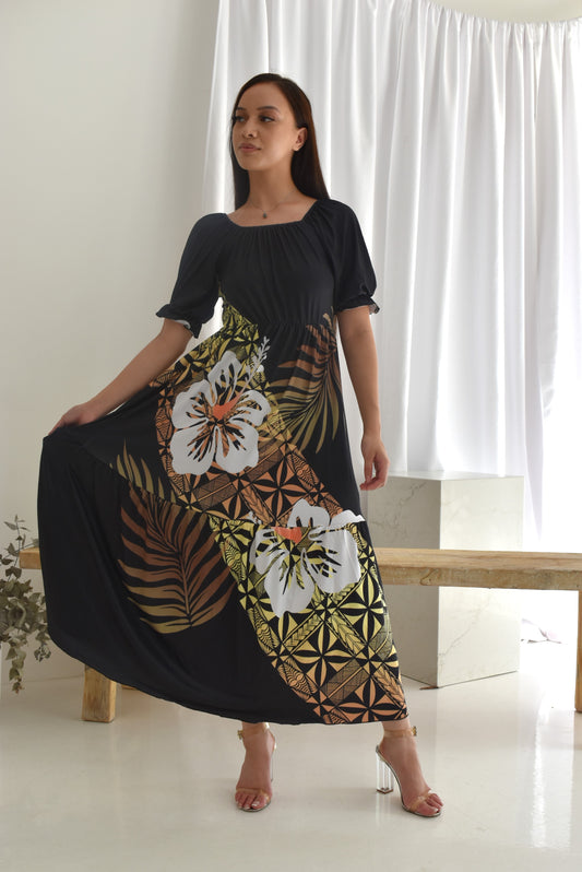 (PRE-ORDER) TANIA FLOWY MAXI DRESS - BLACK & GOLD