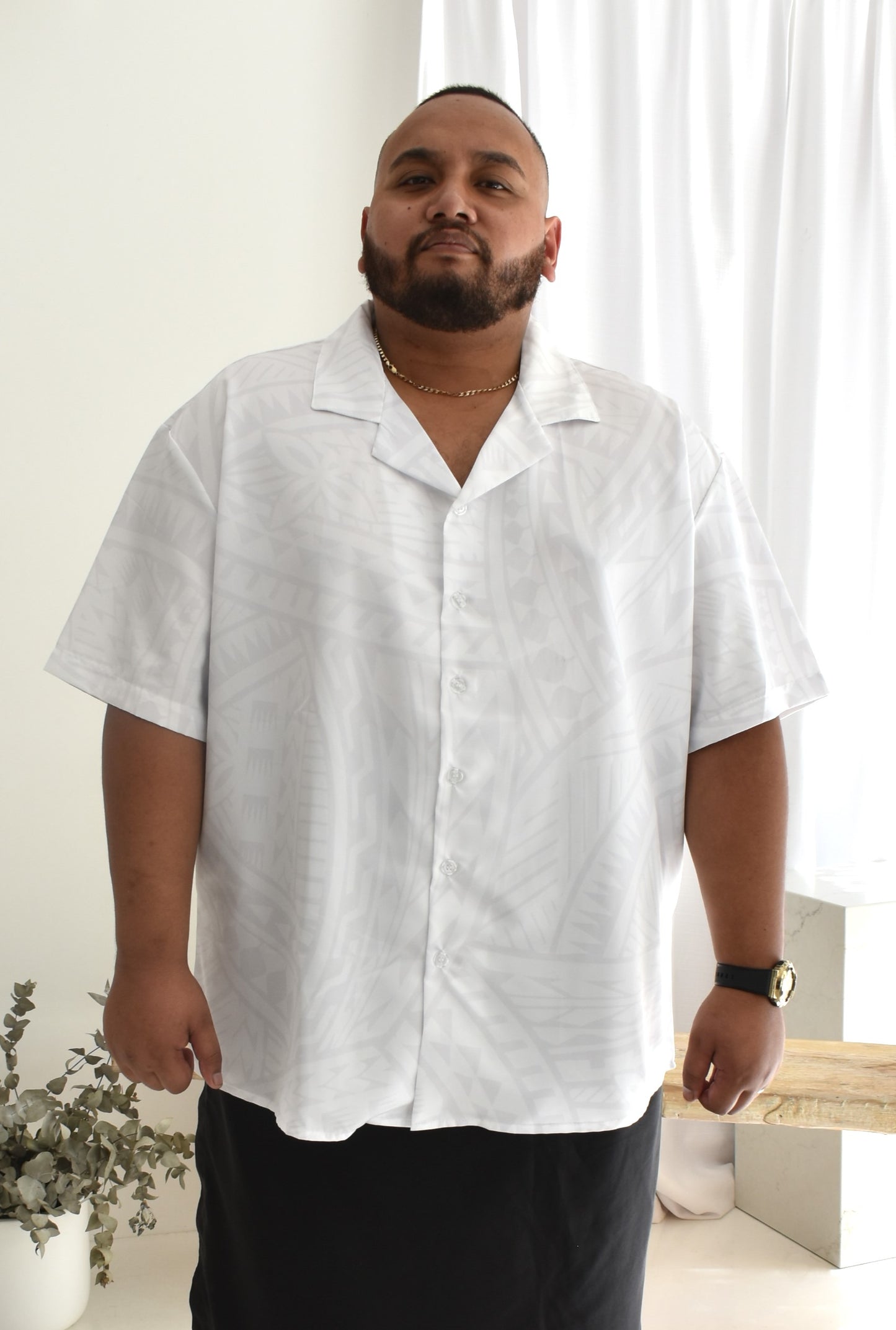 RICK MENS SHIRT - COLLARED BUTTON V NECK - WHITE
