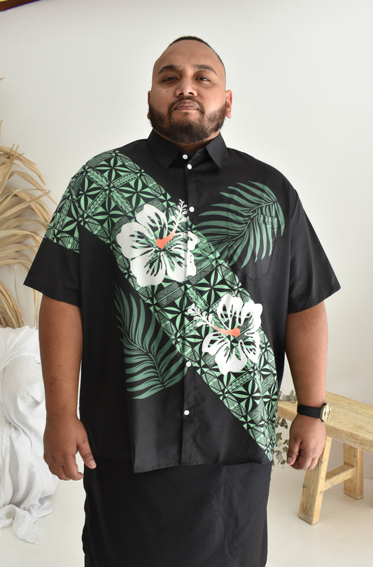 (PRE-ORDER) MENS SHIRT - COLLARED BUTTON UP - FLORAL GREEN & BLACK