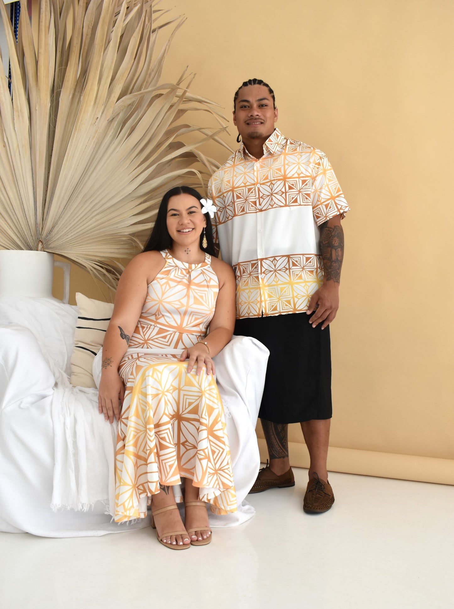 SIONE MENS SHIRT - COLLARED BUTTON UP - GOLD & WHITE